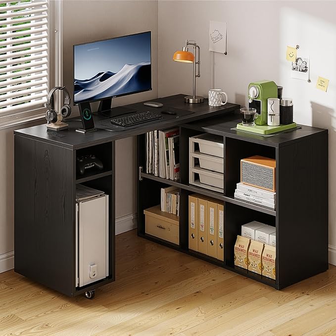 Black L-Shaped Computer Desk with Storage Shelves, Small Study Writing Desk with Charging Station, 67” Bedroom Side Table & 360° Rotating Desk for Living Room