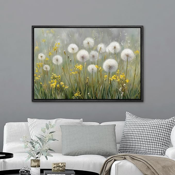 MUDECOR Framed Canvas Print Wall Art Dandelions and Yellow Wildflowers Illustrations Minimalism Decorative Relax Colorful for Living Room, Bedroom, Office - 24"x36" Black