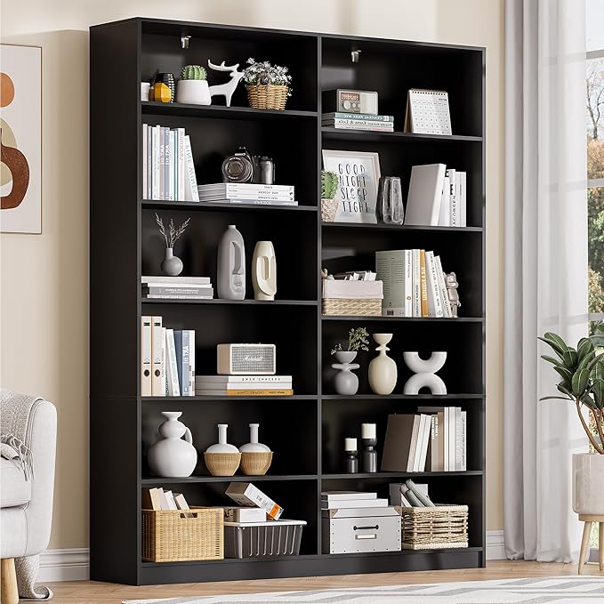 6 Tier Open Shelves Bookcase, Black Book Case with 12 Open Shelves, Freestanding Display Storage Shelves, Home Library Bookcase for Living Room Bedroom Office