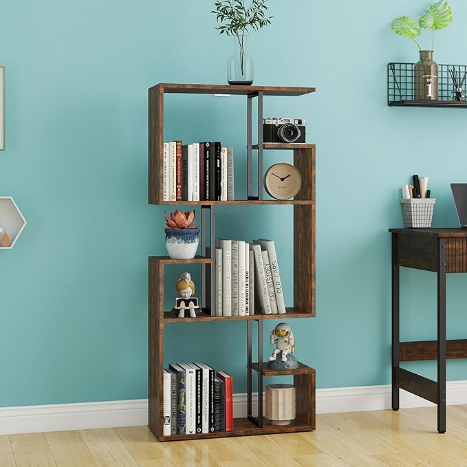 Manora 3 Tier Geometric Bookcase, S Shaped Bookshelf, Modern Bookcase with Tall Display Shelves, Decorative Storage Shelf for Living Room and Bedroom, Dark Brown