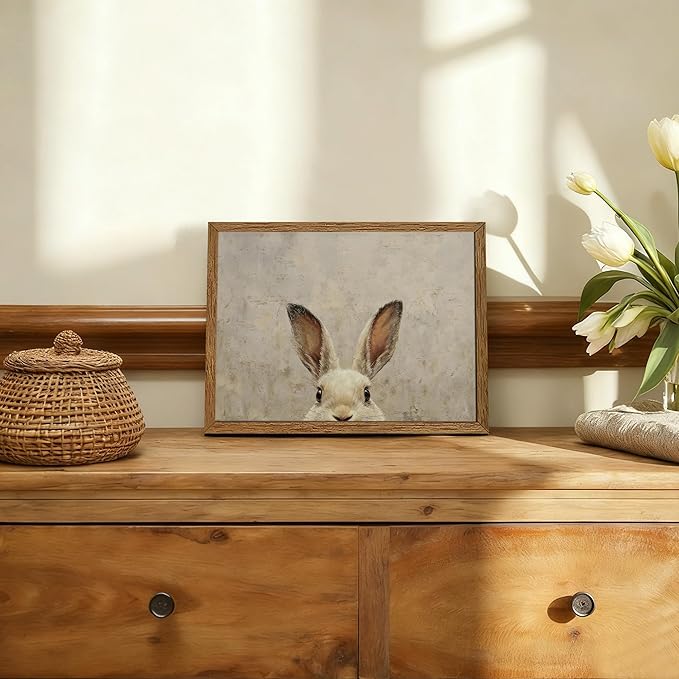AVECCO Framed Vintage Funny Bunny Easter Wall Art, Cute Farmhouse Aesthetic Wall Decor, Easter Rabbit Art Prints for Bathroom Living Room Bedroom Dining Room Office Decoration Ready to Hang 8x10 inch