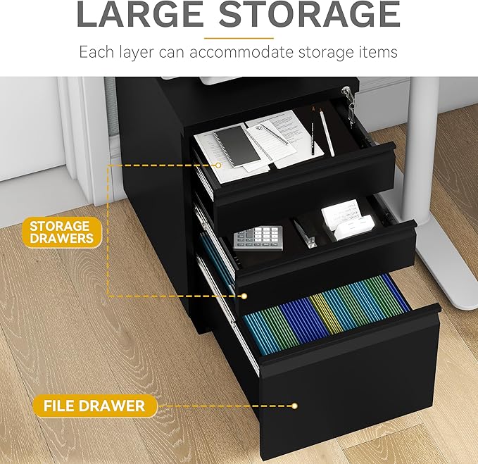 DWVO 3-Drawer Mobile File Cabinet, Pre-Assembled Metal Filing Cabinet for Legal/Letter Size, Lockable Office Storage with 6 Casters, Black