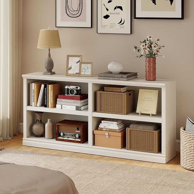 Double Wide Open Shelf Bookcase - 2 Tiers 4 Storage Cube Adjustable Space Book Case, Display Cabinet Organizer with Bookshelf, 64.8 inch Width Indoor Furniture for Home Library Office, White