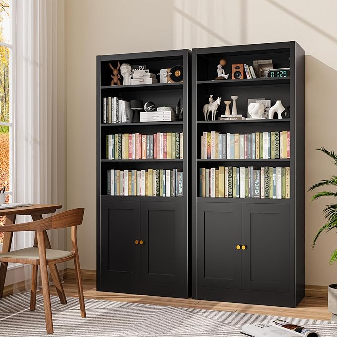 55" Metal Bookshelf with Doors, Freestanding Storage Rack with Cabinet Doors,Heavy Duty Steel Shelving for Pantry, Kitchen, Closet, Garage,Home Office (Black)
