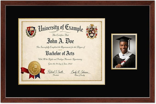 CountryArtHouse Fits 17 x 13 International Diploma and 5 x 7 Photo Diploma and Photo Frame Rustic Walnut Genuine Hardwood with Black Over Metallic Gold Double mat