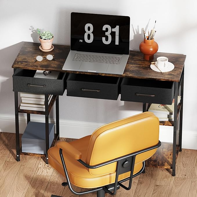 HOMCOM 47" Computer Desk with 3 Fabric Drawers, Home Office Desk with Adjustable Shelves, Small Writing Desk with Storage, Rustic Brown