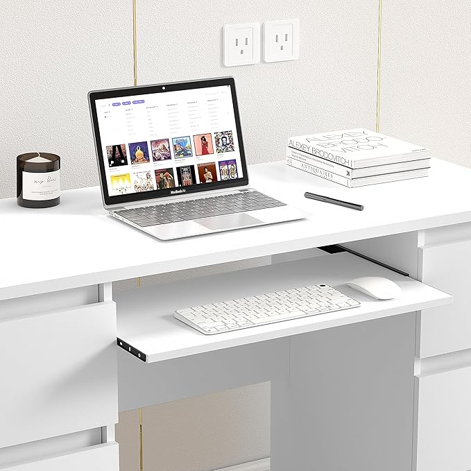 White Desk with Drawers Computer Desk for Bedroom, Home Office Table with Storage, 47 Inch Writing Wood Desks Executive Desks, Workbench Study Counter Small Gaming Table, White