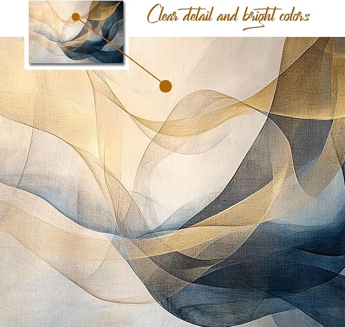 gaosoul Blue Gold Abstract Canvas Wall Art Original Oil Painting Giclee Print of Dynamic Curves Light Blue Champagne Tones with Textured Brushstrokes for Home Office Decor Framed 30x20in