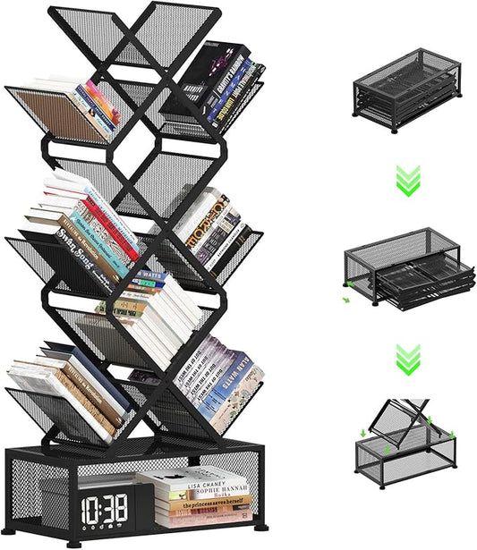 Gintan 9-Tier Space Saving Book Shelf with Storage,Bedroom Shelves Folding Bookshelves,No Installation Required Shelf Tree Metal Bookshelf for Living Room,Study,Home Office,Bed Room (Black)