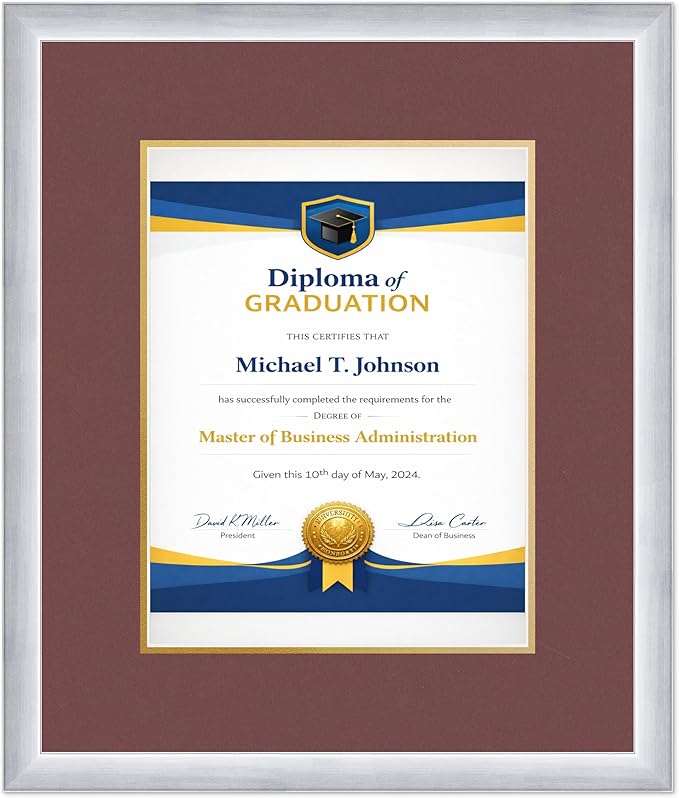 Diploma Frame Stainless Silver With Dark Red Over Gold Double Mat - Fits 10 x 13 College Diploma (Portrait Traditional) Wall Display Made in the USA
