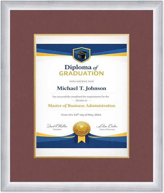 Diploma Frame Stainless Silver With Dark Red Over Gold Double Mat - Fits 10 x 13 College Diploma (Portrait Traditional) Wall Display Made in the USA