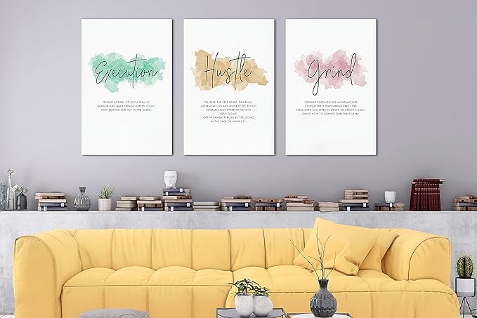 SHMAO Office Canvas Wall Art Motivational Wall Decor, 3 Piece Execution Hustle Grind Print Pictures for Office Wall Decor Women Inspirational Framed Artwork Home Office Decor 20”x30”x3 Panels