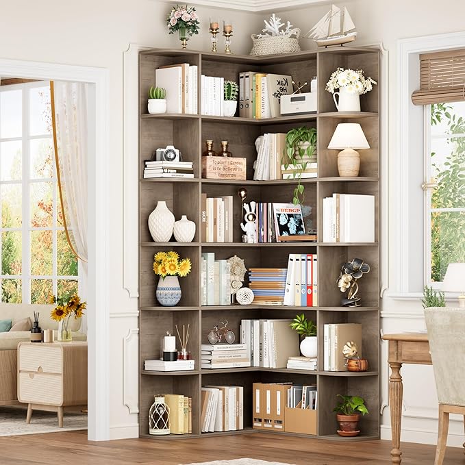 FOTOSOK 74” Tall Corner Bookshelf, 6-Tier Bookshelf and Bookcase with Open Storage, Tall Bookcases Wooden Storage Shelves for Home Office, Thickened Boards for Better Load Bearing, Vintage Grey