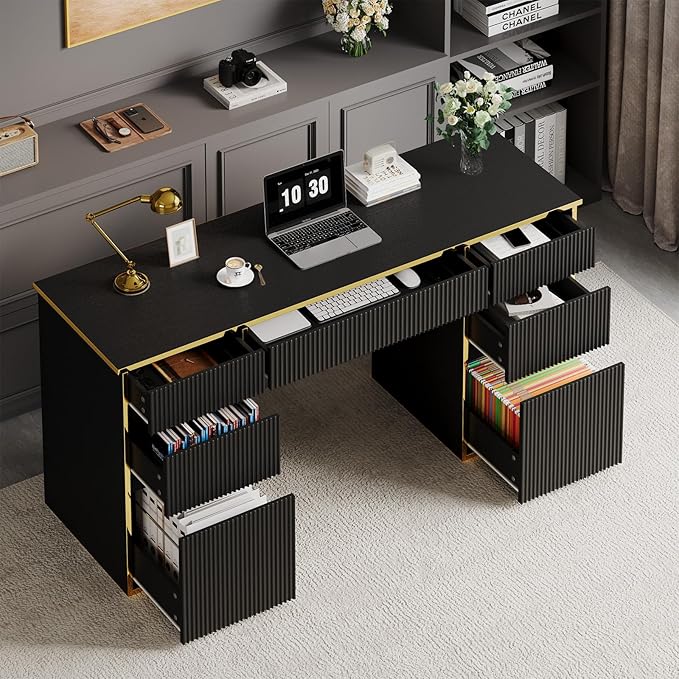 Black Computer Desk with Drawers, 58 Inch Home Office Desk with File Drawers for Bedroom, Executive Desk with Storage for Study, Black and Gold