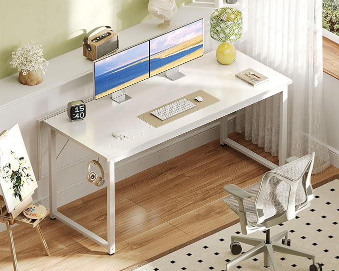 Casaottima 54 Inches Small Computer Desk, Work Study Table for Home Office, Kids Student Writing Desk with Headphone Hooks, White