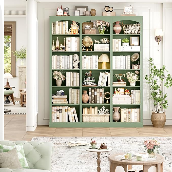 FACBOTALL 71" Triple Wide Bookshelf, 6 Tier Tall Bookshelf, Large Arched Bookcase with Curved Baffle, 63.4" Wide Book Shelf with 18 Open Display Shelves for Living Room, Study, Green