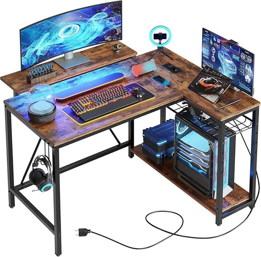 Bestier Gaming Desk with Power Outlets, 42" L-Shaped Gaming Desk with LED Lights, Desk with Reversible Storage Shelves & Hooks for Small Spaces, Bedrooms & Offices,Rustic Brown