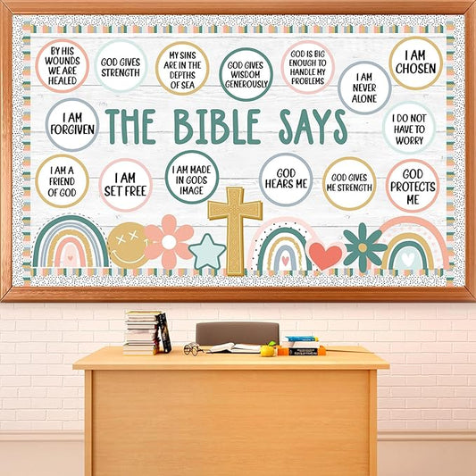 Christian Bulletin Board Decorations Set Inspirational Bulletin Board Set Motivational Boho Rainbow Bible Verse Paper Cutouts Decorations for Classroom Sunday School VBS Home Church Supplies