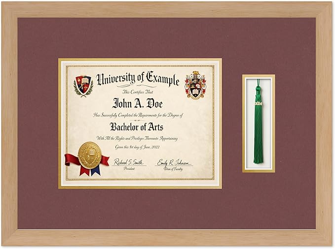 CountryArtHouse Diploma and Tassel Frame Fits 10 x 8 Professional License with Tassel Hook Natural Wood Genuine Hardwood Shadowbox with Dark Red Over Metallic Gold Double mat