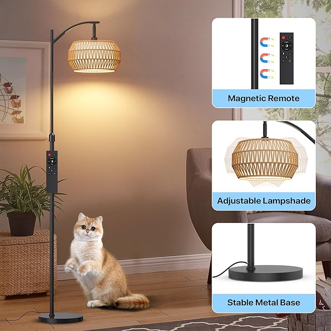 Arc Floor Lamps for Living Room with 3 Color Temperatures, Boho Farmhouse Floor Lamp with Remote & Dimmable RGB Bulb, Standing Lamp with Rattan & Fabric Shades, Adjustable Tall Lamp for Bedroom Office