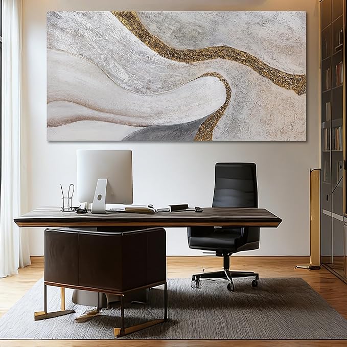 ZUNARE Contemporary White Gold Textured Canvas Wall Art Abstract Organic Line Posters Picture Minimalist Home Decor for Living Room Bedroom Office 29x58 Inch