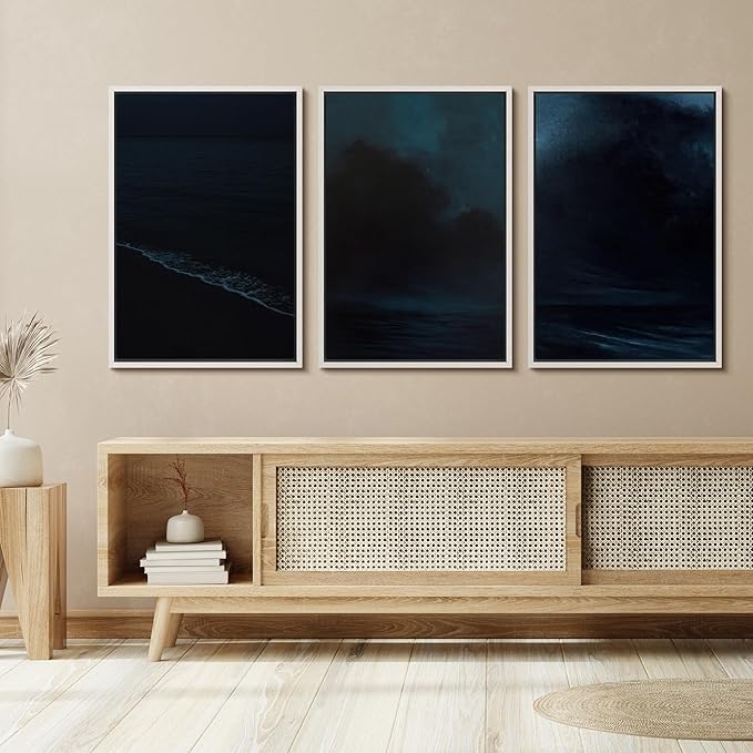 SIGNFORD Framed Wall Art Print Set Midnight Ocean Waves Dramatic Dark Seascape Digital Art Modern Art Contemporary for Living Room, Bedroom, Office - 24"x36"x3 White