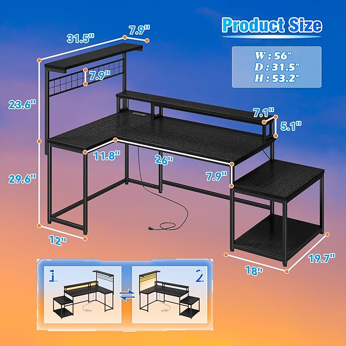 EnHomee 56" Medium L Shaped Gaming Desk with LED & Power Outlets,Computer Desk with Monitor Stand & Print Stand for Home Office,Reversible Corner Gaming Table with Storage Shelf & Hooks,Black