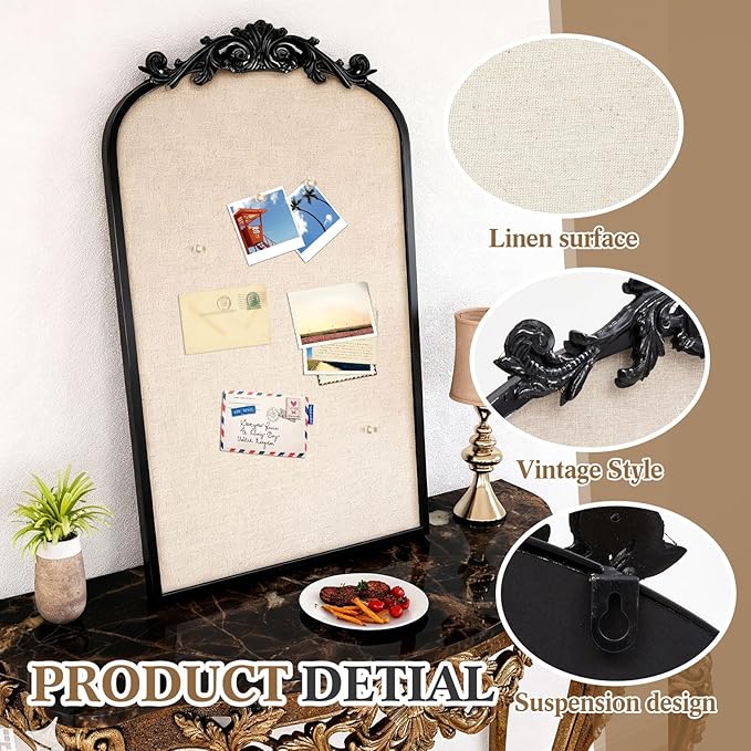 Vintage Framed Pin Board Linen Display Bulletin Board Large Cork Fabric Picture Photo Pinboard Memo Ornate Decorative Pinboard Ornate for Wall Gift(Arch,19" X 31",Vintage Black)