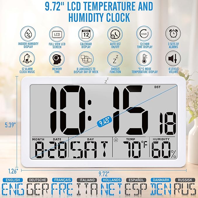 TXL Large Display Digital Wall Clock, Battery Operated with Temperature & Humidity, Auto DST, Date & Weekday, Easy Set Alarm, for Living Room, Bedroom, Office & Classroom (White)