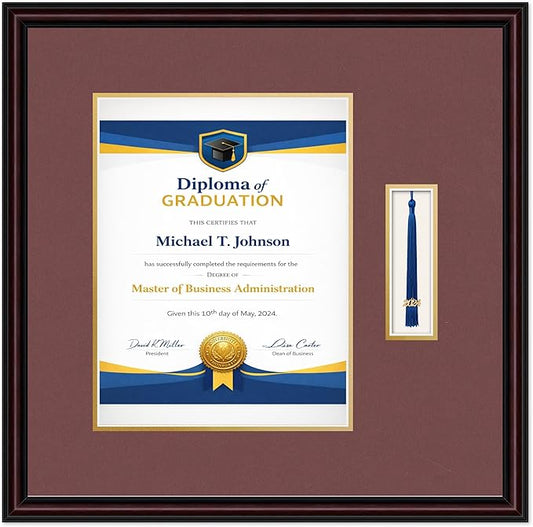 Diploma Frame with Tassel Holder 20.25 x 20 Executive Brown Shadowbox Dark Red Over Gold Mat - Fits 10 x 13 Degree Made in the USA