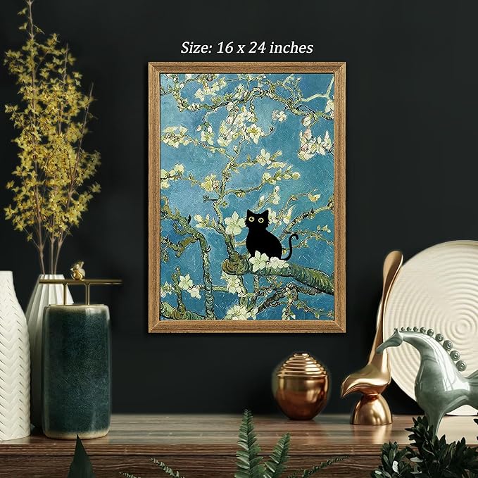Fantasy Artists Van Gogh's Almond Blossom Funny Black Cat Canvas Wall Art, Oil Painting Posters Home Decor, Vintage Abstract Aesthetic Wall Decorations for Living Room Bedroom, 16'' x 24''