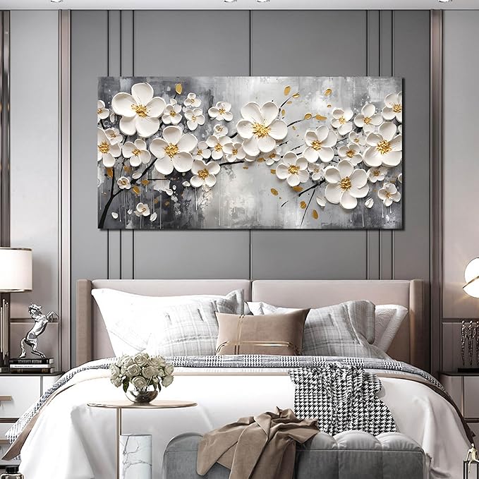 Large Pictures for Living Room - White Flower Canvas Wall Art for Bedroom - Modern Wall Decor for Office Women Size 29" x 59"
