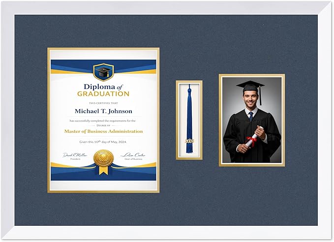 Diploma Tassel and Photo Frame Bright White Shadowbox Navy Blue Over Gold Mat - Fits 8.5 x 11 Degree Picture Made in the USA