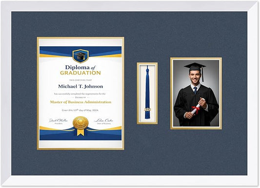 Diploma Tassel and Photo Frame Bright White Shadowbox Navy Blue Over Gold Mat - Fits 8.5 x 11 Degree Picture Made in the USA