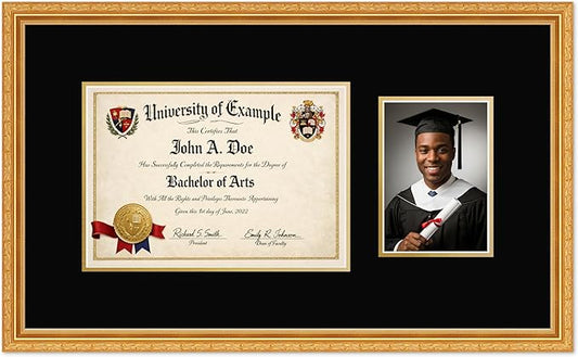 CountryArtHouse Fits 11.69 x 8.27 A4 Certificate and 5 x 7 Photo Diploma and Photo Frame Museum Gold Genuine Hardwood with Black Over Metallic Gold Double mat