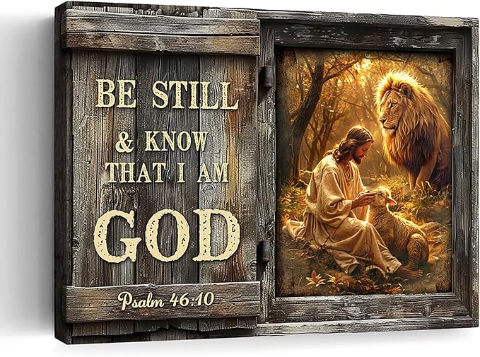 Farmhouse Inspirational Bible Verse Wall Art Be Still and Know That I Am God Rustic Jesus Lion Lamb Canvas Print Framed Artwork Christian Scripture Quotes Wall Decor for Living Room Bedroom 12"x16"