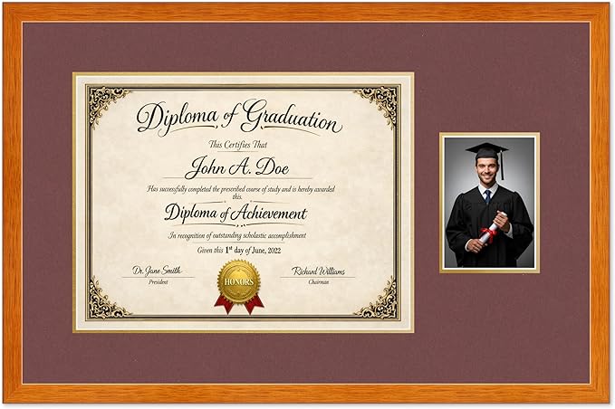 Diploma Frame With Photo Opening Honey Oak Dark Red Over Gold Mat - Fits 17 x 13 Degree and Picture Made in the USA