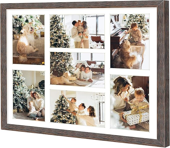 Golden State Art, Set of 2, 13.7x15.7 Distressed Brown Wood Collage Frame - White Mat - Displays Seven 4x6 Photos - Real Glass, Sawtooth Hanger, Swivel Tabs - Wall Mounting, Landscape, Portrait