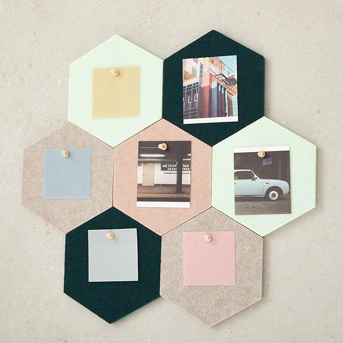 16 Pcs Hexagon Cork Board for Walls with 50 Wooden Push Pins 6.7 x 5.9 in Felt DIY Tiles Notice with Nano Tape Hanging Bulletin Board for Home Photo Office Memo Note (Green)