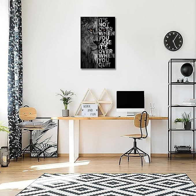 Lion Head Prints Canvas Inspirational Wall Art Black and White Animals Poster Motivational Quote Picture for Office Decor Framed Ready to Hang12x16inches