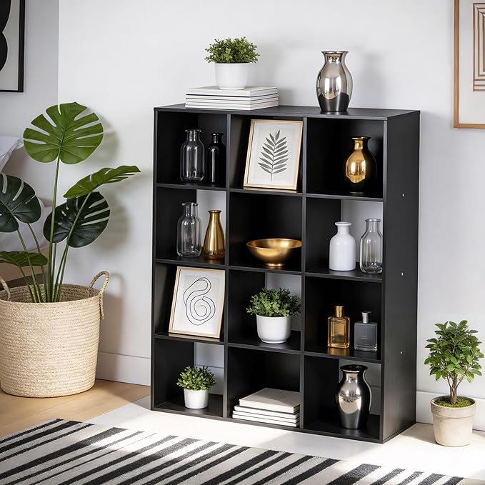SUPER DEAL 12 Cube Storage Organizer, Open Shelf Bookcase, Wood Cubical Shelves Closet Cabinet Display Unit with 6 Removable Back Panels for Living Room Bedroom, 47 inch Wide, Black