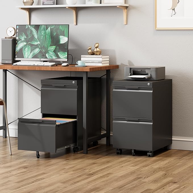 2 Drawer Metal Rolling File Cabinet with Lock, Under Desk Mobile Filing Cabinet for Home Office, Printer Stand with Casters Fits A4/Letter/Legal Size Documents, Black