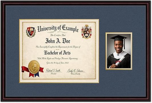 CountryArtHouse Fits 15 x 12 Military/Government and 5 x 7 Photo Diploma and Photo Frame Executive Brown Genuine Hardwood with Navy Blue Over Metallic Gold Double mat