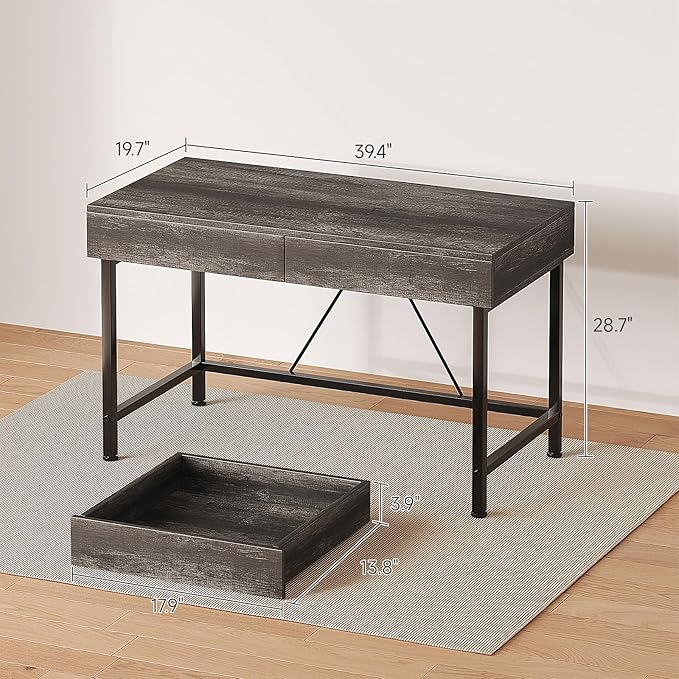 VERMESS 40Inch Small Desk with Wooden Drawers, Kids Desk for Bedroom, Work Desks for Home Office with Storage, Computer Desk for Small Space, Modern Makeup Vanity Writing Study Desk Table, Grey Oak