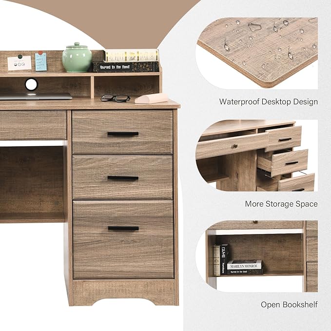 Catrimown Computer Desk with 4 Drawers and Hutch, Wood Executive Desks with File Drawer and Shelves, Small Desk Study Table for Bedroom, Student Teen Writing Laptop Table, Grey