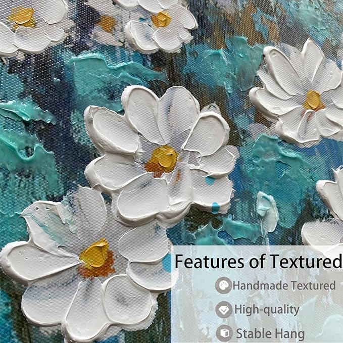 Arjun Flower Wall Art for Living Room, Teal Bedroom Canvas Daisy Floral Painting Landscape Picture Artwork Large Textured Office Home Dining Room Kitchen Wall Decor Large 48"x24"