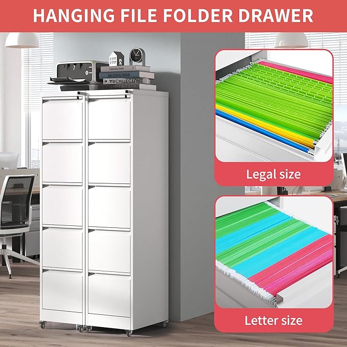5 Drawer Mobile File Cabinet with Lock,White Metal Filing Cabinets with Wheels,Vertical File Cabinet for Home Office,Heavy Duty Storage Cabinet for A4/Letter/Legal Size File,Assembly Required