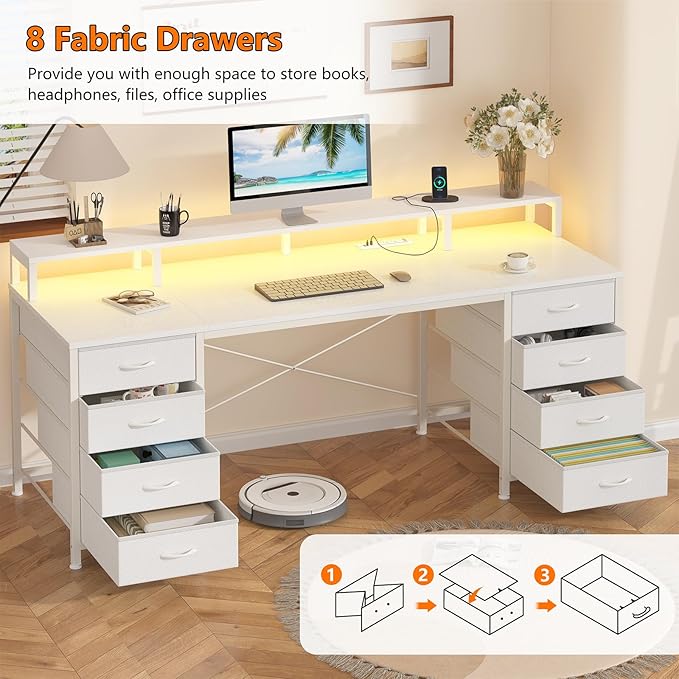 60 Inch Computer Desk with 8 Fabric Drawers, Gaming Desk with LED Lights & Power Outlets, Home Office Desk with Monitor Stand, White