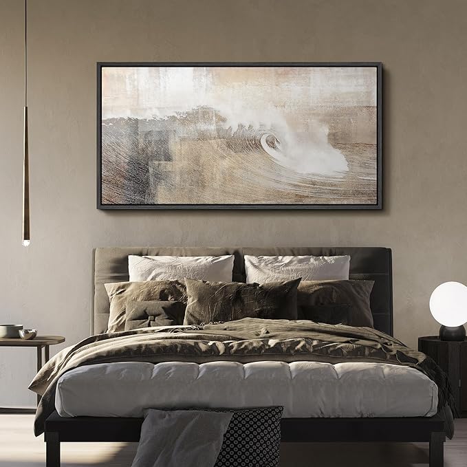 SIGNFORD Extra Large Framed Canvas Neutral Ocean Wave Abstract Illustrations Modern Art Calm Warm for Living Room, Bedroom, Office - 60"x30"