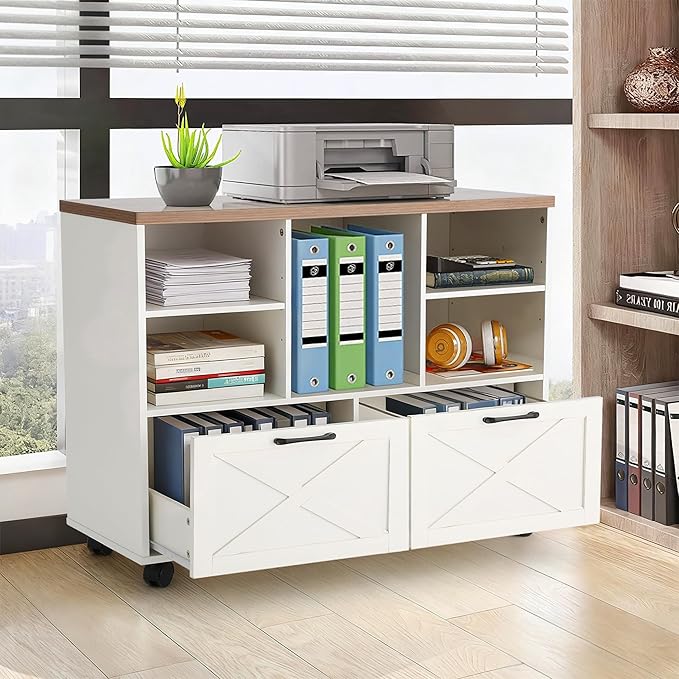 HOMREST 39.3" Lateral File Cabinet with Wheels, Farmhouse Wood File Cabinet with Drawers, Small Home Office File Cabinet with Thick Countertop, Rolling File Cabinet for Legal/Letter/ A4 Size, White